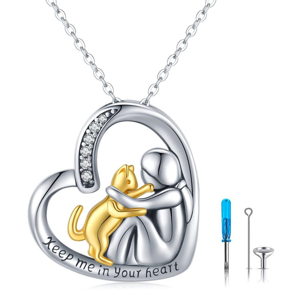 Cat & Heart Urn Necklace - Ashes Keepsake Cat Memorial Sterling Silver 925