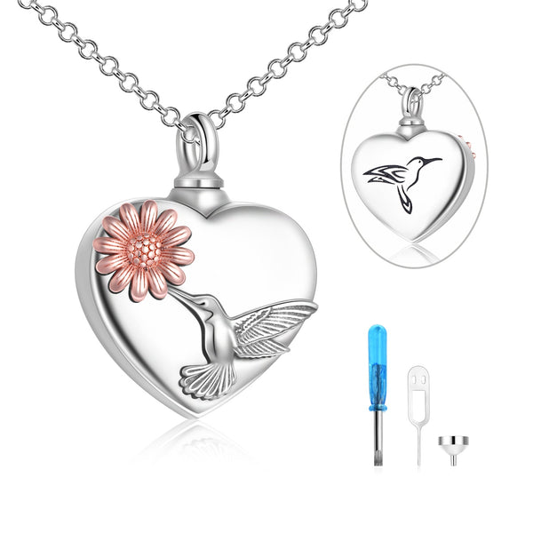Hummingbird Urn Necklace - Sterling Silver Heart Ashes Keepsake - Cremation Memorial Jewelry