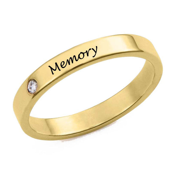 Sterling Silver Slim Memorial Ring - Engraved Band with Sparkling Stone (Silver/Gold/Rose)