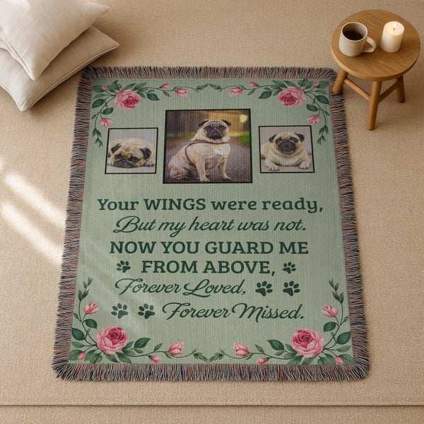 Personalized Pet Memorial Blanket with 3 Photos - “Forever Loved” Floral Woven Throw