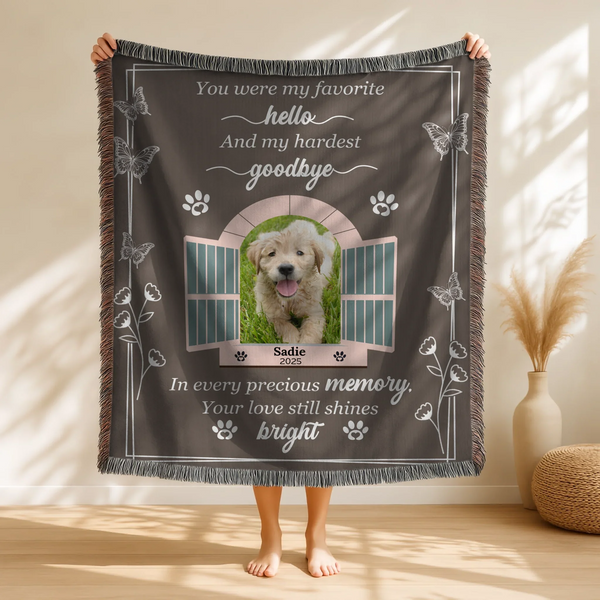 Personalized Pet Memorial Woven Blanket - “You Were My Favorite Hello”