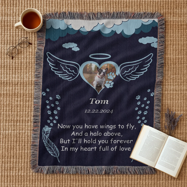 Personalized Pet Memorial Blanket - Angel Wings & Halo Woven Throw
