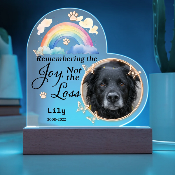 Remembering the Joy, Not the Loss - Memorial Personalized Custom Heart Shaped 3D LED Light - Sympathy Gift, Gift For Pet Owners, Pet Lovers