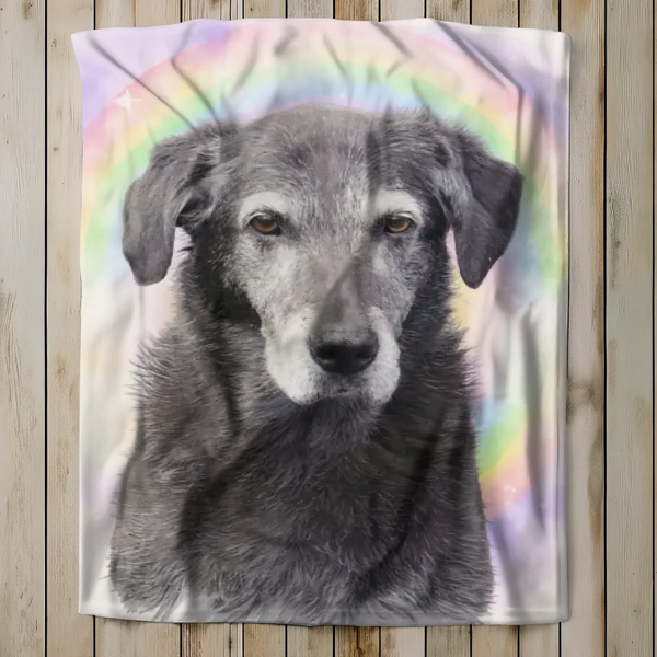 Personalized Pet Memorial Blanket - Upload Photo, See Preview in Seconds - Watercolor Rainbow Portrait