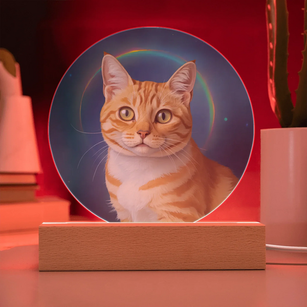 Rainbow Halo Brushstroke Pet Portrait LED Acrylic Circle Plaque – Personalized Memorial Light