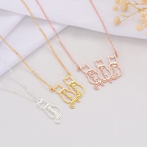 Custom Cat Memorial Name Necklace – Personalized Outline Cat Pendant