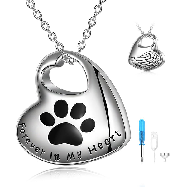 Sterling Silver Paw Urn Necklace - Heart Ashes Keepsake for Pet Parents