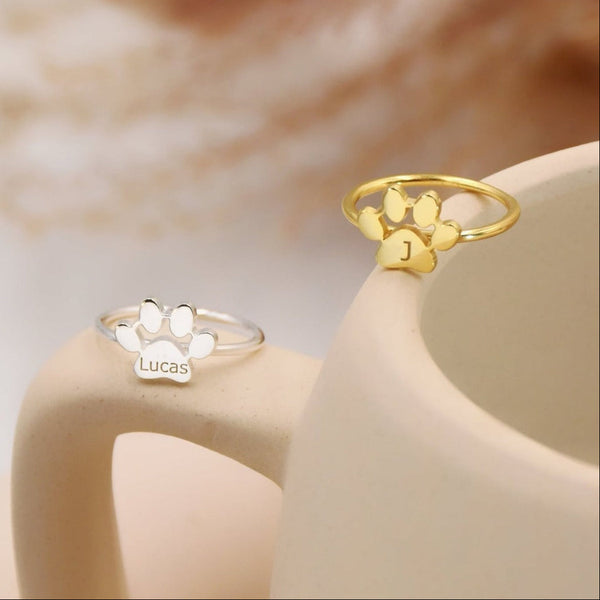 Custom Cat Paw Name Ring - Pet Memorial Jewelry | Personalized Initial or Name Engraving